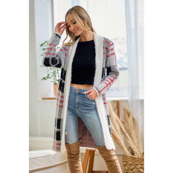 Red Ivory Fuzzy Eyelash Plaid Pattern Coatigan Cardigan Knit Sweater - Picture 2 of 4